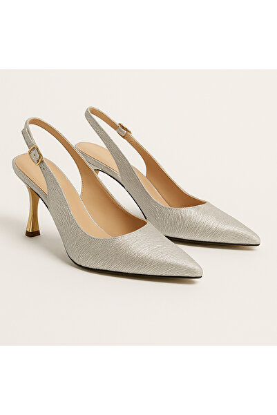 MERVDEN Women's Thin Heeled Gold Detailed Cream Slingback Shoes