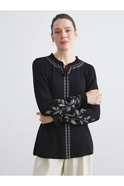 LC Waikiki LCW Grace Siyah Fırfırlı Bağlamalı Yaka Desenli Bluz