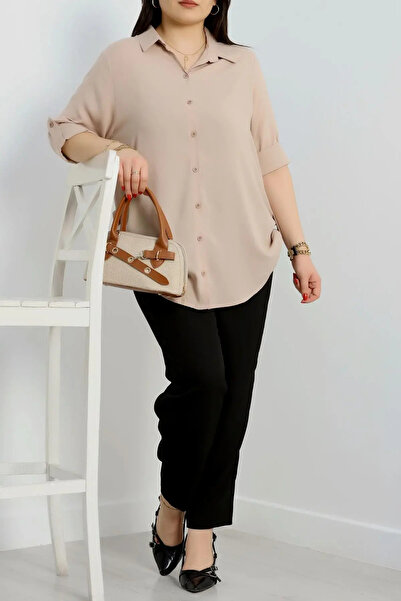 FOR ESRA BIG TREND Γυναικείο υφαντό πουκάμισο βισκόζης με μονόχρωμο μανίκι και διπλωμένο στο πλάι