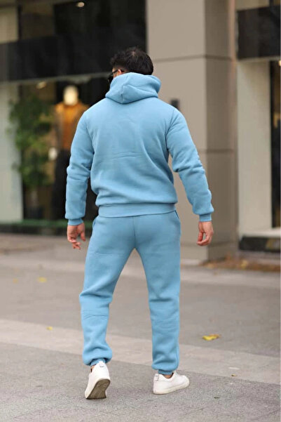 PHANTOM JEANS Açık Mavi Turkuaz İçi Polarlı Erkek Eşofman Takımı Paça Lastikli Cepli Kapüşonlu Nakış Detaylı Takım