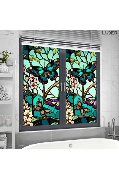 LUXER Self-Adhesive Window Film with Stained Glass Effect, Butterflies and Fl...