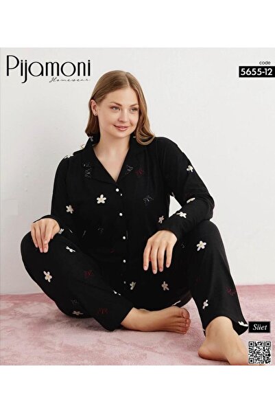 Sinem Çeyiz طقم بيجامة قميص كبير الحجم من الجلد المدبوغ بنقشة الأقحوان الأسود...