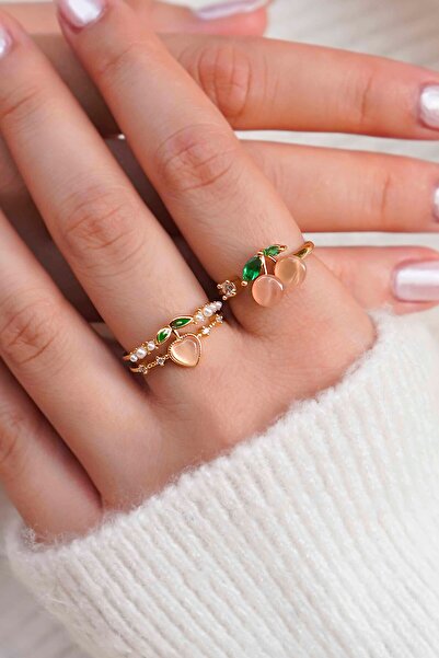 TREND COLLECTİON Şeftali ve Kiraz Motifli Altın Renk Ayarlanabilir 2'li Kadın...