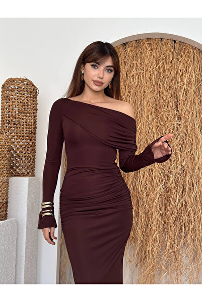 Afiş Butik Kahverengi Kadın Tek Omuz Düşük Drapeli Uzun Tasarım Elbise
