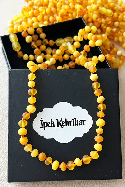 İpek Kehribar Certified Drop Amber Baby Teeth Necklace, Matte 3 Colors Round Cut, Children's Necklace Silk-526