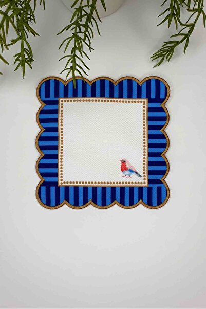 decofav Șervețel decorativ pentru cocktail cu broderie digitală cu imprimeu cu model de pasăre cu margine albastră 1 bucată