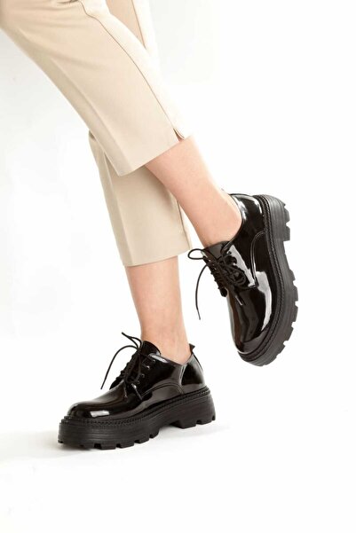 COREANA Септември модни дамски обувки от черна лачена кожа, модел „Корея“, с връзки