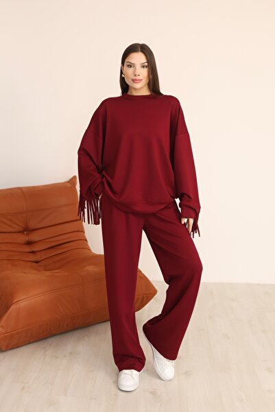 02Lady Fashion Oversized Tassel Detailed Modal Fabric Tracksuit Set