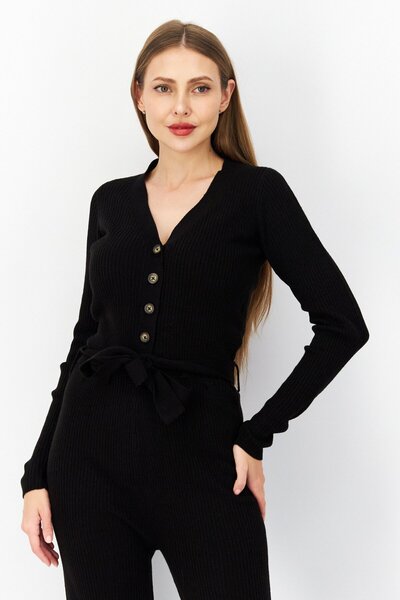 Brave Soul Women Ribbed Belted Long Sleeve Jumpsuit, Black