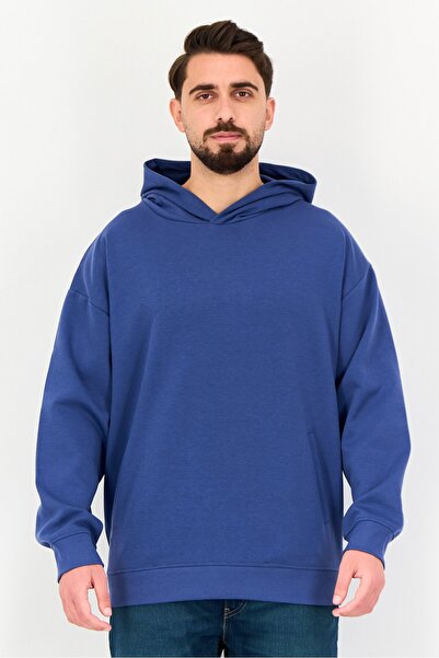 Algspar Men Plain Long Sleeve Hoodie, True Blue
