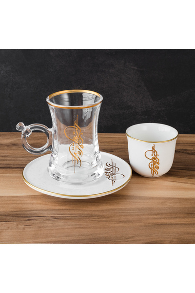 Dania طقم ضيافة فاخر – 18 قطعة (6 فناجين قهوة + 6 أكواب شاي + 6 صحون شاي) بنقوش ذهبية راقية