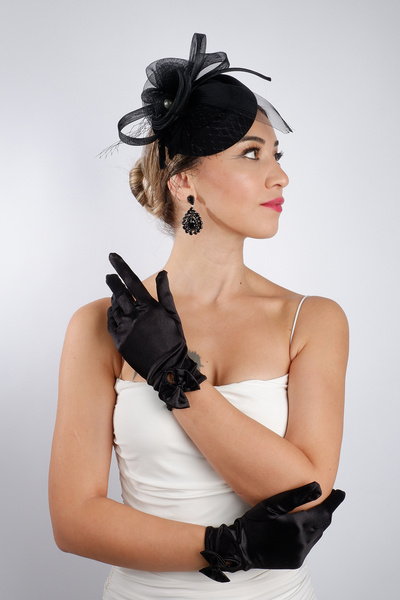 Hayalperest boncuk Elegant Short Polka Dot Lace Rose Detailed Bridal Gloves and Chic Fascinator Wedding Nikah Set