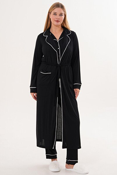 Mecit Pijama Mecit 6333 Black Women's Buttoned Pajama Set with Dressing Gown