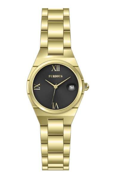 Furious Jewellery Gold Stainless Steel Watch – Black Dial with Date Display
