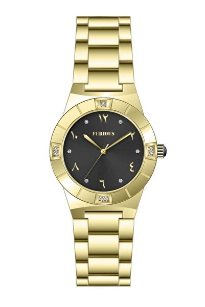 Furious Women's Gold Watch with Black Dial, Arabic Numerals and Crystals