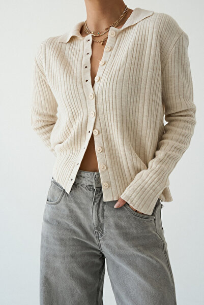 LOOSH Kadın Krem Düğmeli Triko Casual Hırka