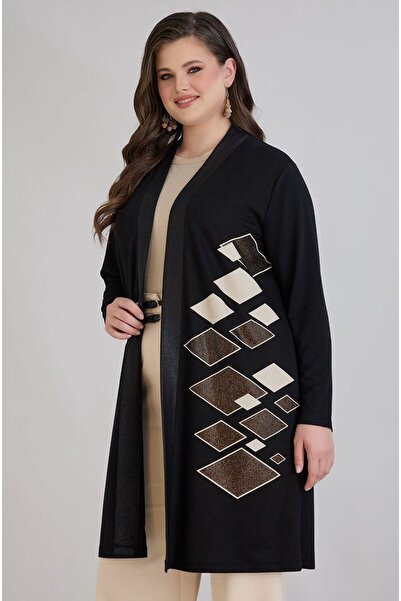 FOR ESRA BIG TREND Kadın Büyük Beden Tek Taraf Geometrik Deri Görünümlü Parça Kahve Taş Baskı Ön Açık Uzun Esnek Hırka