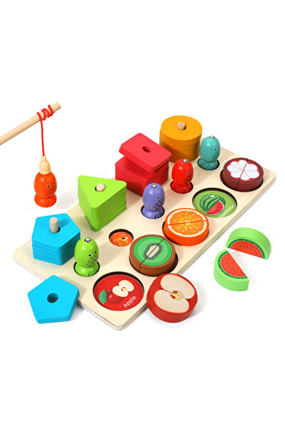 OEM Joc Montessori 3 in 1 din lemn – Pescuit magnetic, sortare si feliere fructe