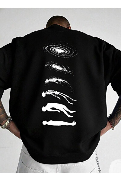 LORVEX سويت شيرت قصة فضفاضة للجنسين أسود برقبة دائرية INCEPTION مطبوع