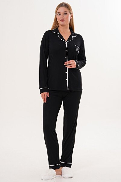 Mecit Pijama Mecit 6333 Black Women's Buttoned Pajama Set with Dressing Gown