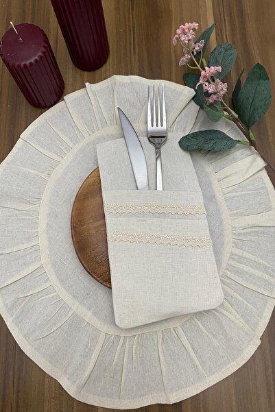 zarafet concept 6 Lı Ham Keten Dantel Detaylı 2 Bölmeli Kaşıklık/ Peçetelik