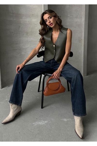 TOPSHOW Faux Leather Button Detailed Vest