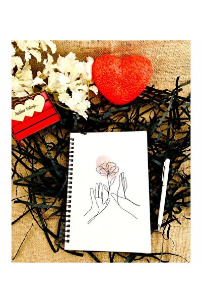 LİNOVERA Valentine's Day Floral Hand Pattern Printed Wooden Notebook Pen Set - White