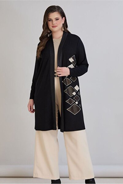 FOR ESRA BIG TREND Kadın Büyük Beden Tek Taraf Geometrik Deri Görünümlü Parça Kahve Taş Baskı Ön Açık Uzun Esnek Hırka