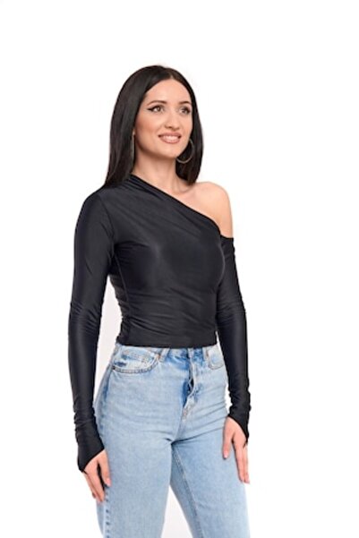 OEM - Black Asymmetric Lycra One-Shoulder Blouse S