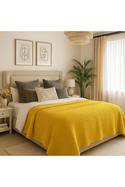 HB Victory Waffle 4-Layer 100% Cotton Premium Mustard Color Bedspread Single Size 160X240 cm