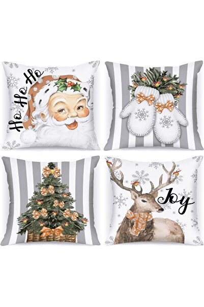 Lanpn White and Grey Vintage Christmas Cushion Covers 45x45 Set of 4