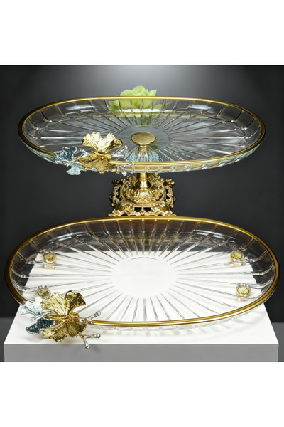 ÇNR Home Collection PAŞABAHÇE KRİSTAL METAL AYAKLI GOLD YALDIZLI OVAL DÜZ PAS...