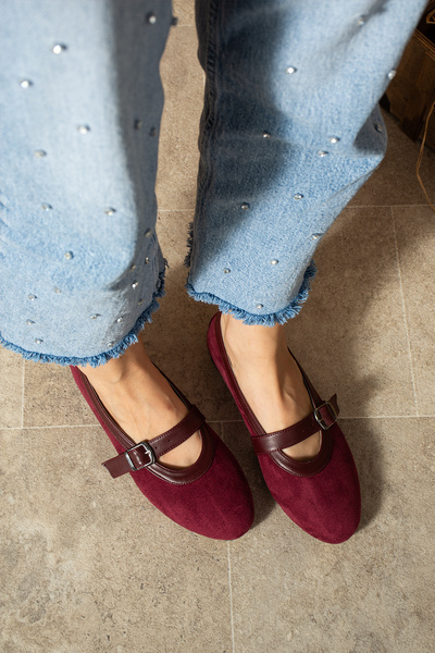 BERFONA Milan Burgundy Calf Suede Ballerina Shoes