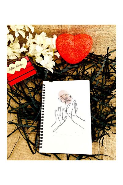 LİNOVERA Valentine's Day Floral Hand Pattern Printed Wooden Notebook - White