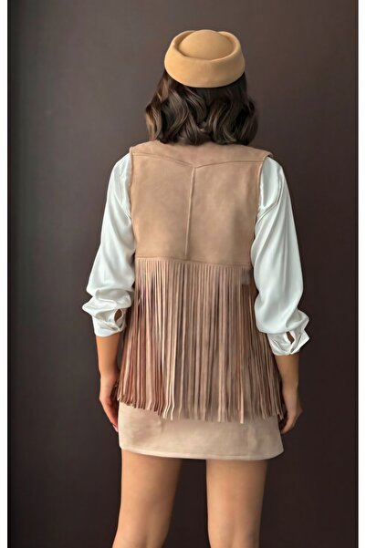 TOPSHOW Γιλέκο από σουέτ με φούντες με πέτρινη λεπτομέρεια