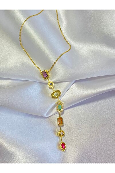 LARYN 7 Element Kristal Taşlı Kadın Gold Kararmaz Çelik Y Kolye