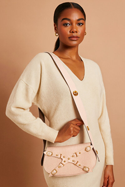 ŞIK VE MUTLU Premium Cream Crocodile Pattern Magnetic Baguette Bag