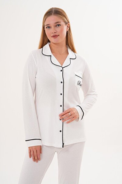Mecit Pijama Mecit 6307 Ecru Buttoned Women's Pajama Set