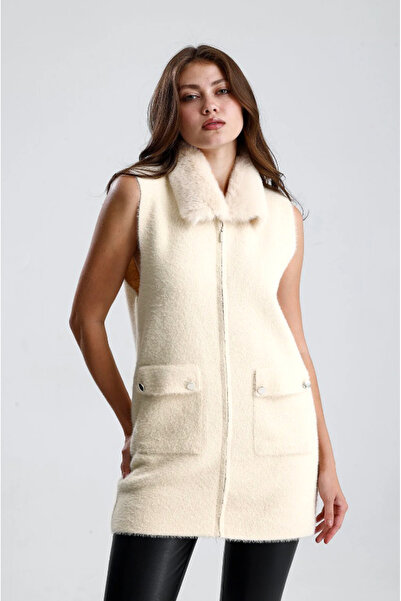 studio fashion 1988 Women's Cream Premium Soft Angora Fur Collar Zippered Plush Vest