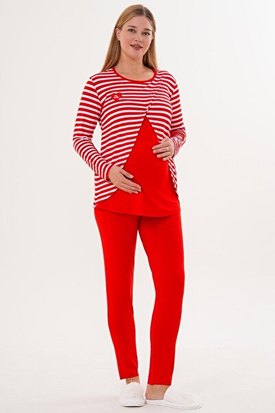 Mecit Pijama Mecit 6303 Kırmızı Likralı Spor Hamile Lohusa Pijama Takımı