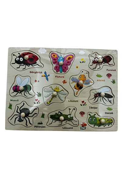 OEM Puzzle lemn incastru “Insecte” 10 piese cu maner – in limba romana
