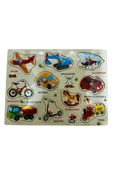 OEM Puzzle lemn incastru “Jucarii” 10 piese cu maner – in limba romana