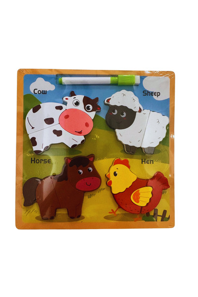 OEM Puzzle din lemn 3D cu animale domestice+ tablita de desen cu marker – 16 ...