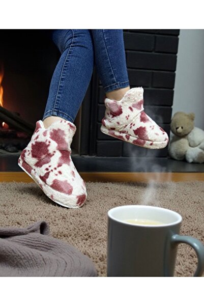İpek kadın benekli peluş pofuduk kaydırmaz taban ev botu panduf