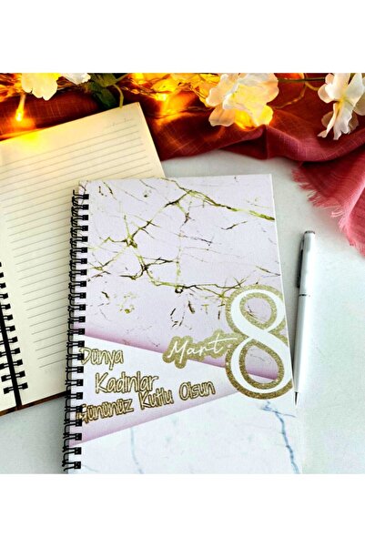 LİNOVERA Women's Day Pink Gold Marble Pattern Notebook Pen Set