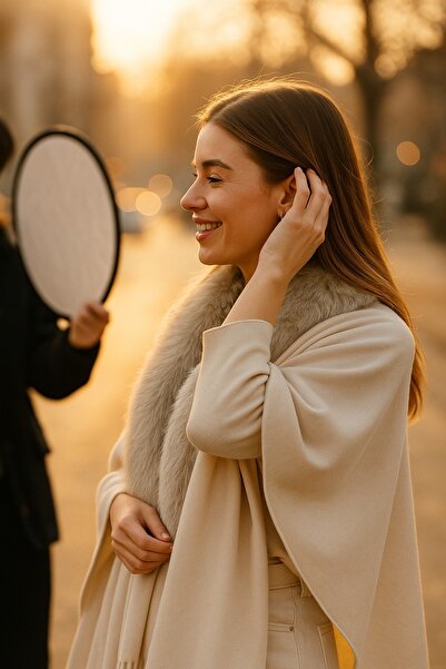Netodak Yumuşak Dokulu Kürk Yakalı Püsküllü Panço Şal Zarif Bej Mevsimlik Kum...