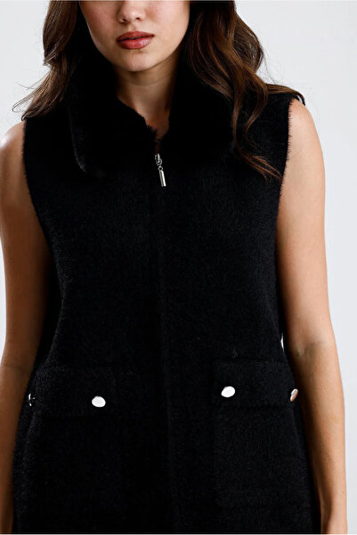 studio fashion 1988 Women's Cream Premium Soft Angora Fur Collar Zippered Plush Vest