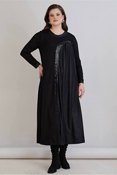 FOR ESRA BIG TREND Women's Plus Size Sequin Stripe Shirring Stitching Leather-Look Stretchy Viscose Long Dress