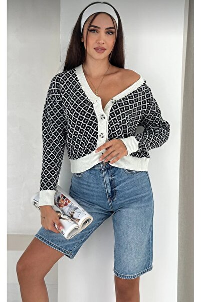 DİMA Ecru Paneled Knitwear Cardigan with Front Patch Detail