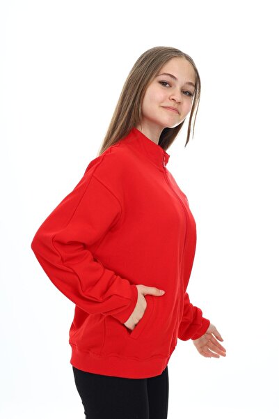 Toontoy Κόκκινη πλεκτή ζακέτα για κορίτσια με ψηλός λαιμός τσέπες με φερμουάρ, κέντημα με τύπωμα στον ώμο -3 νήματα χωρίς σαρντούν